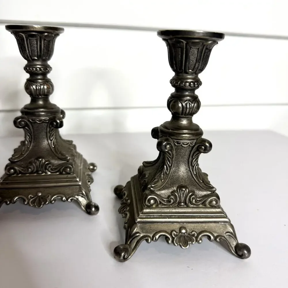 Pair of Antique Baroque Pewter Italian Rococo Italian Altar Candle Stick Holders